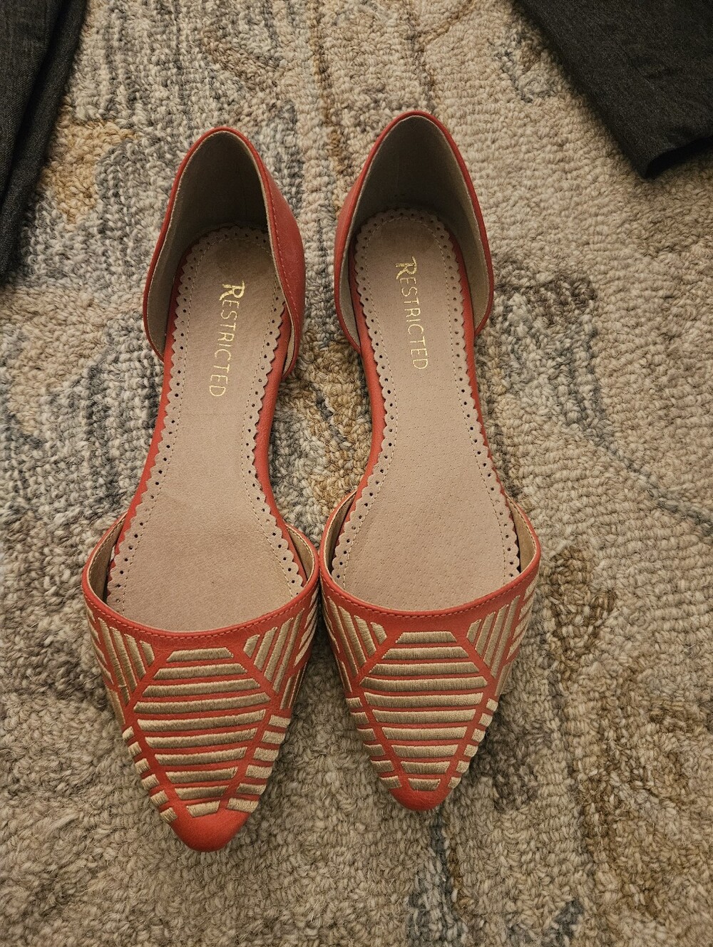 Restricted Coral and Gold Pointed Toe D'Orsay Flats